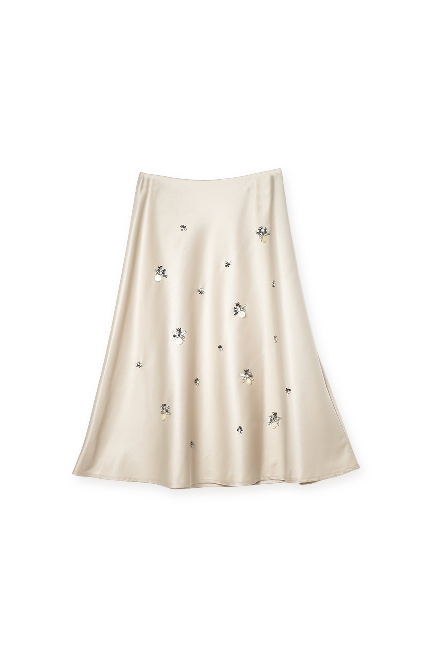 【24142010】ビジューパーツ付きサテンセミフレアースカート