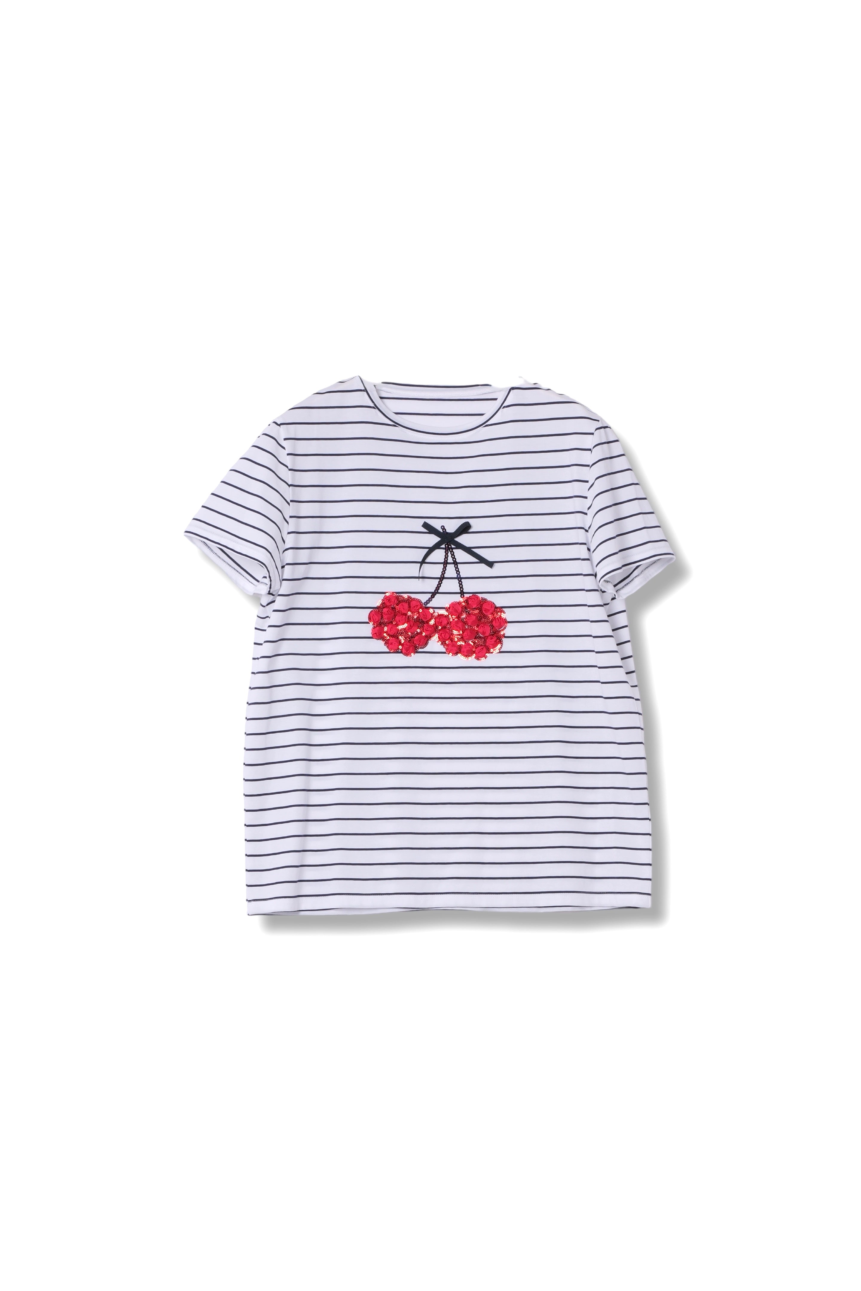 【25SS商品-25828007】チェリーモチーフボーダーTシャツ