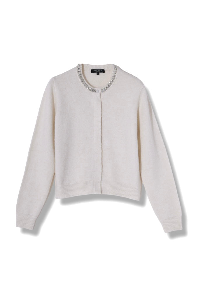 【24AW商品-24358051】衿ぐりビジュー付きクルーカーディガン