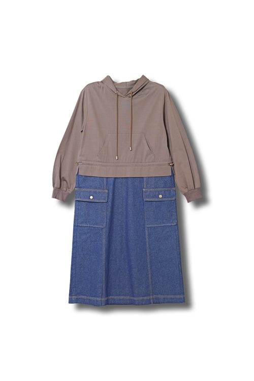 【24AW商品-24146000】ジャージ×デニムフーディドレス
