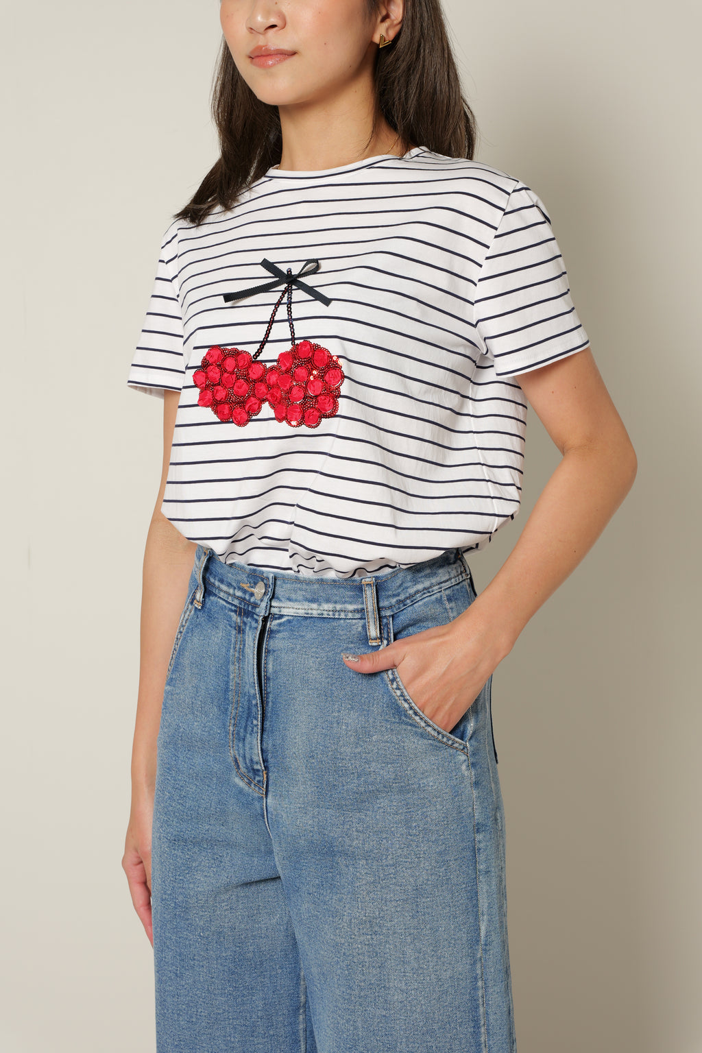 【25SS商品-25828007】チェリーモチーフボーダーTシャツ