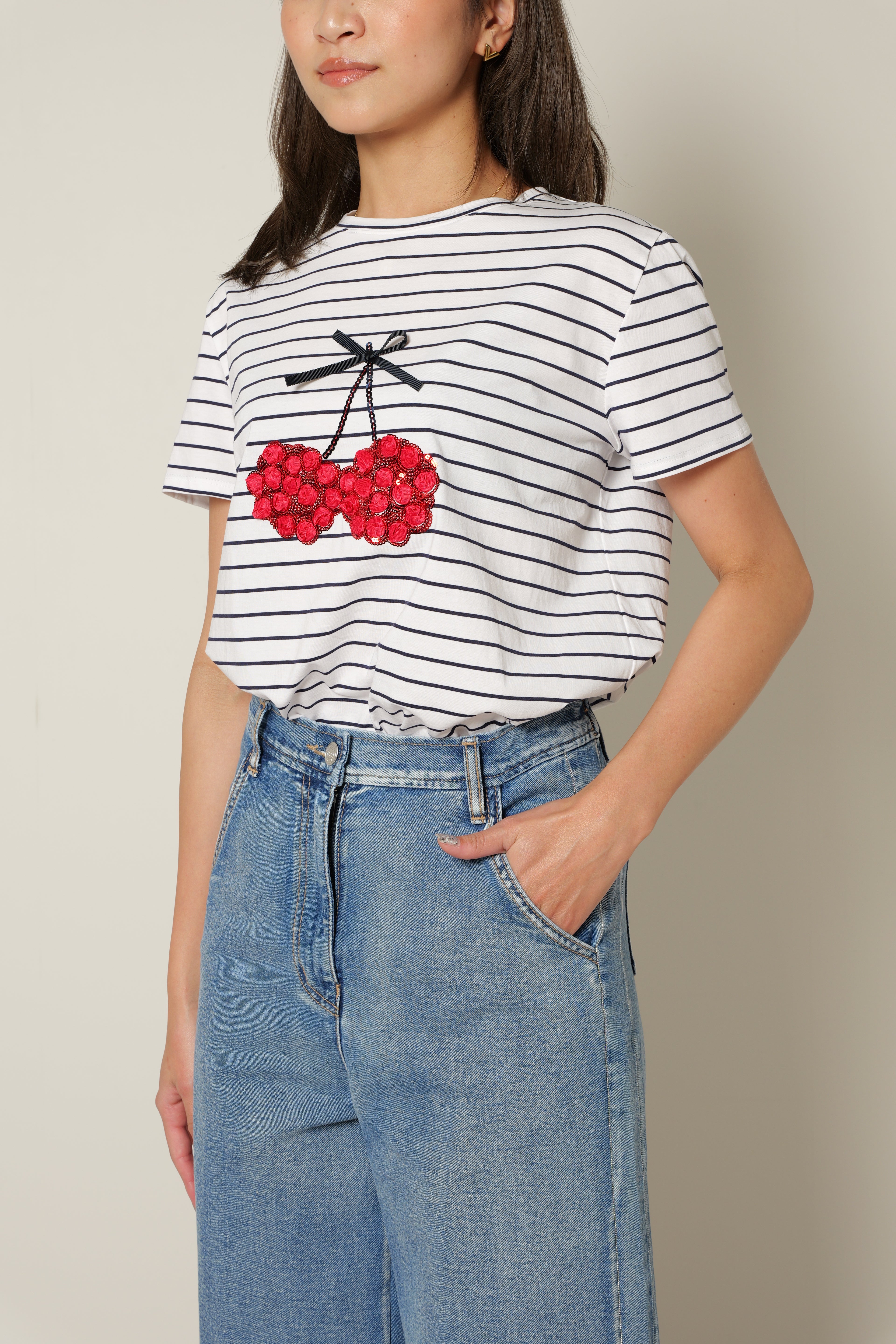 【25SS商品-25828007】チェリーモチーフボーダーTシャツ