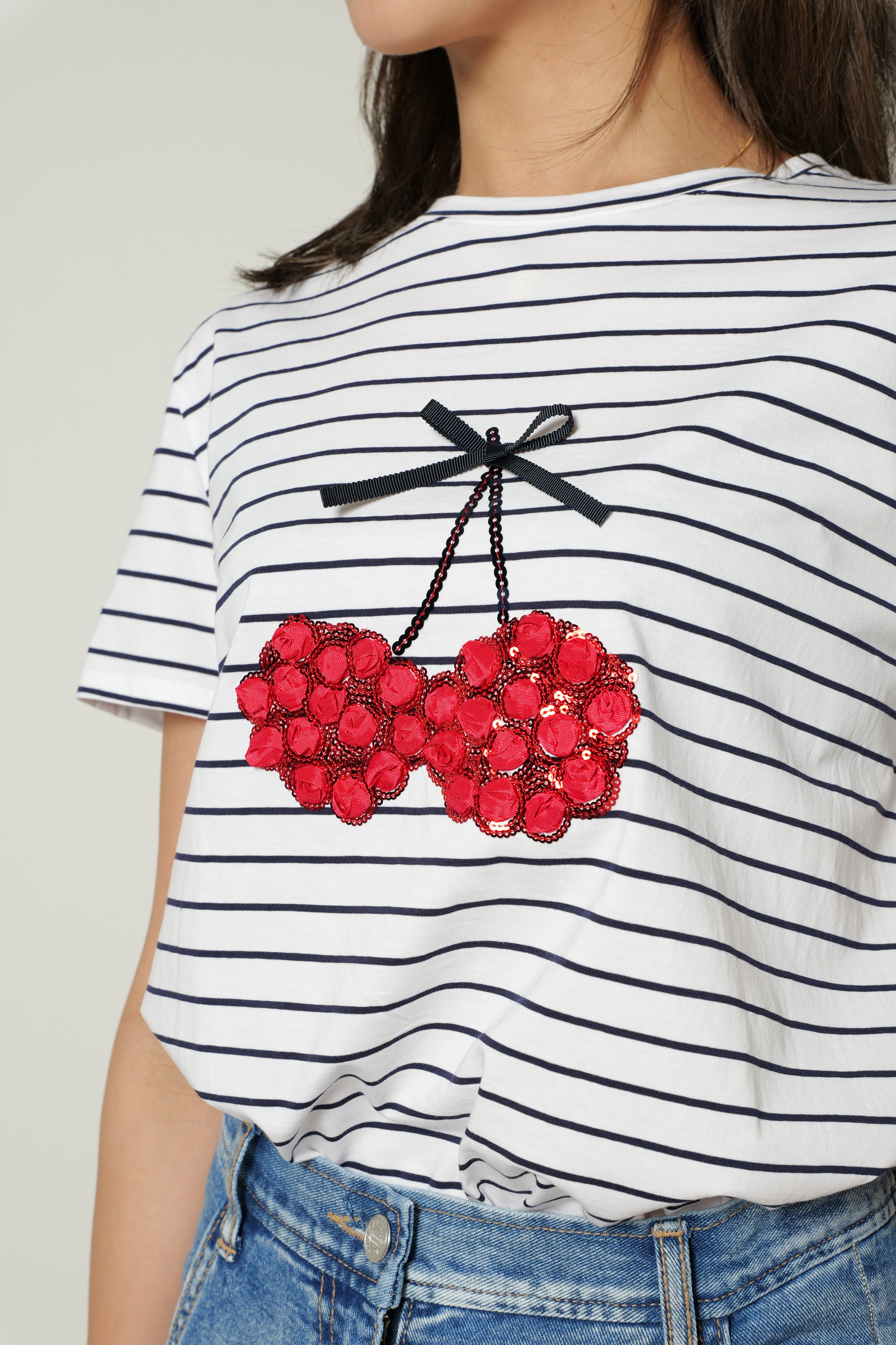 【25SS商品-25828007】チェリーモチーフボーダーTシャツ