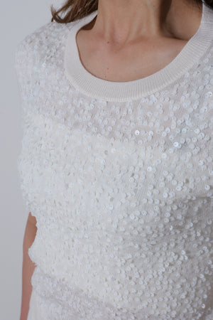 【25AW商品-25348045】スパンコール刺繍半袖ニットプルオーバー